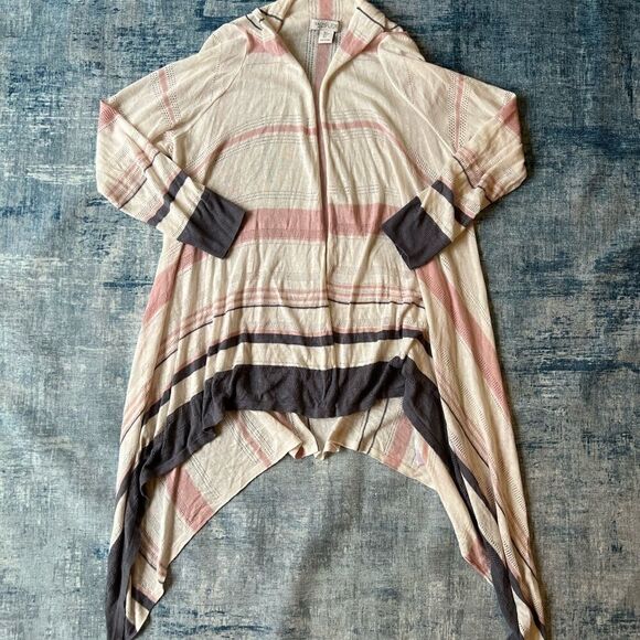 Rachel Zoe Ivory Pink Gray Striped Long Sleeve Open Front Knit Cardigan Large - Picture 5 of 12